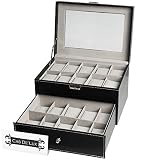 Watch Box Organizer Pillow Case - 20 Slot Luxury Premium Display Cases with Framed Glass Lid Elegant Contrast Stitching Sturdy and Secure Lock for Men and Women Watch and Jewelry Large Holder Boxes