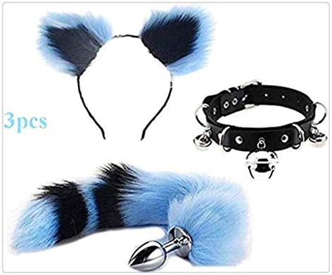 forocean💋Black-Blue Fluffy B-ütt P-l-ǔ-g Fox Tail, Cat Ears Headband, Collar Choker Cosplay Role Play Halloween Toys for Women 3Pcs/Set #3（Size M）