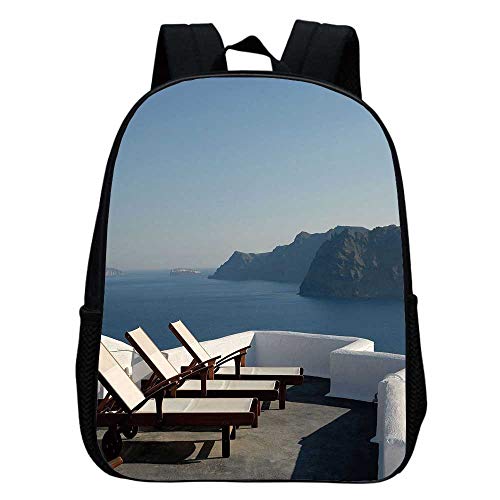 Travel Decor Multifunction School Bag,Sunlounger at Terrace in Santorini Greece Resort Relaxation Aegean for Boys And Girls,9"L×4"W×11"H