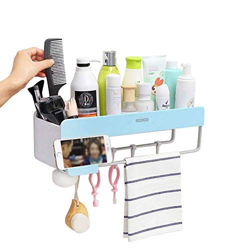 Adhesive Bathroom Shelf with Towel Bar, Hanging Hooks and Magnetic Soap Holder, Mitlife Shower Caddy Storage Organizer Wall Mount for Kitchen, Shampoo Combo, Conditioner, Makeup