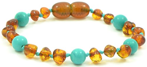 Baltic Amber Teething Bracelet / Anklet {0056} Mixed with Turquoise Beads - 5.5 inches - Amber Jewelry - Hand-Made from Natural Baltic Amber Beads (5.5 inches (14 cm), Cognac / Turquoise (Green))
