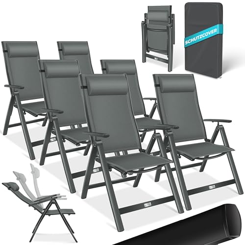 KESSER® Gartenstuhl Hochlehner mit Armlehnen 6er Set Aluminium Klappstuhl mit Kopfkissen & Abdeckung Campingstuhl 7-Fach Verstellbar Rückenlehne Atmun