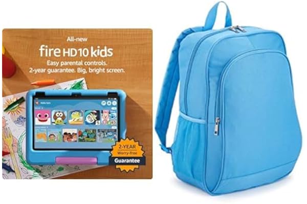 Amazon Fire HD 10 Kids Tablet, 10.1" HD (32 GB, Blue) + Backpack Bundle