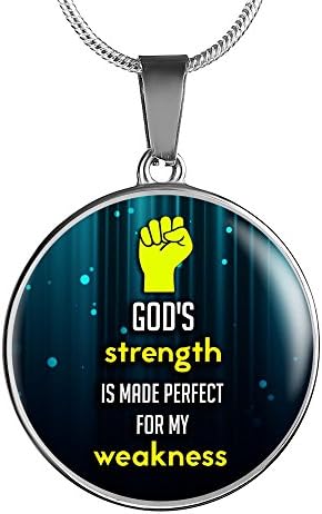 2 Corinthians 12:9-Godâ€s Strength is Made Perfect Handmade Stainless Steel-Silver Tone or 18k Gold Finish-Pendant Necklace Adjustable 18"-22" | Luxury Necklace w/ adjustable snake-chain