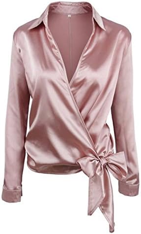 ASHORESHOP Womens Satin Knotted Hem Wrap Surplice Blouse