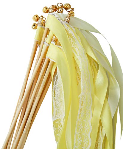 Wishprom 30pcs Lace Ribbon Wands Christmas Birthday Party Streamers Wands Fairy Stick for Wedding Activities (Yellow+Lace)