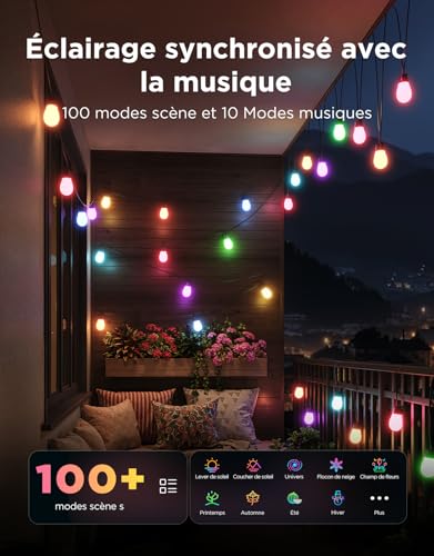 Govee Outdoor String Lights, 15M RGB LED Bulbs Warm White, WiFi Garden Lamp, Works with Alexa, APP Control, IP66 Waterproof, 111 Stage Modes, Dimmable Christmas Outdoor Decoration