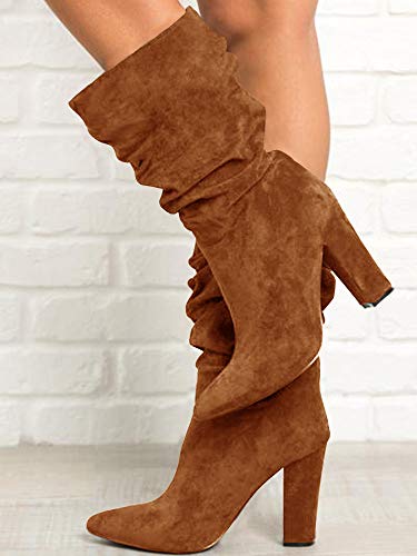 Womens-Winter-Slouchy-High-Heel-Boots-Mid-Calf-Suede-Slip-on-Chunky-Block-Pointed-Toe-Boots