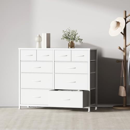 YeTom Dresser for Bedroom with 10 Drawers, 4-Tier Wide Storage Chest of Drawers with Removable Fabric Bins for Closet Nursery Bedside Living Room Laundry Entryway Hallway, White
