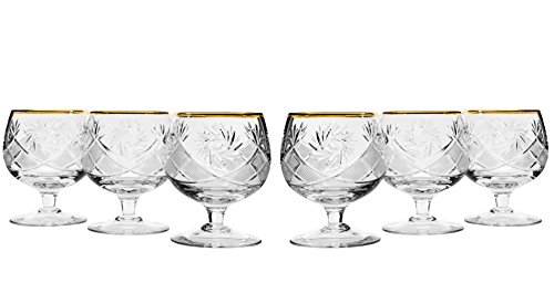 Victoria Bella GB5290G, 10 Oz. Crystal Hand-Made Brandy Glasses with Gold Rim, 24K Gold-Plated Scotch Whiskey Cut Crystal Snifters on a Stem, Wedding Gift Drinkware, Set of 6