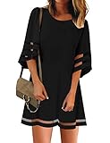 LookbookStore Women Casual Crewneck Mesh Panel 3/4 Bell Sleeve Loose Tunic Dress