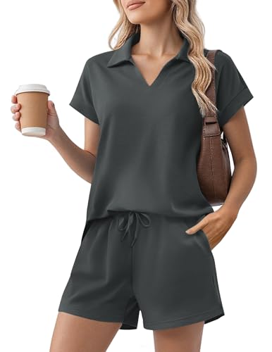 PINSPARK Lounge Sets for Women Summer Short Set V-neck Pullover Sweatshirt High Waist Shorts with 2 Pockets 2025 Fashion Trendy Matching Set Comfy Tracksuit, Dark Grey L at Amazon