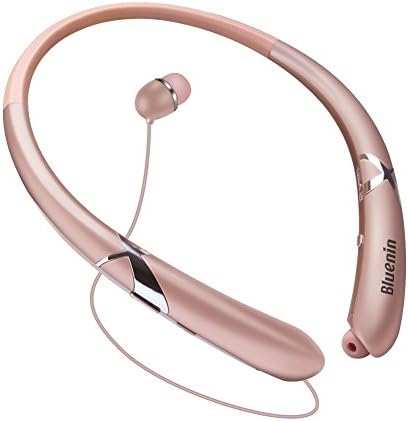 Bluetooth Headphones Retractable Earbuds Neckband Wireless Headset Sports Sweatproof Earphones with Mic (Bluetooth 4.1,Noise Cancelling , 14 Hours Play Time) (Rose gold)