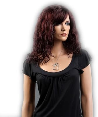 Bouffant Medium Length Wine Red Curly Big Waves Side Swept Fringe