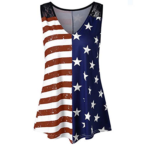 Independence Day Fashion Women's American Flag Print Lace V-Neck Patriotic Vest Shirt
