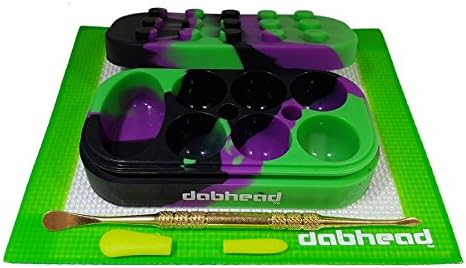 Silicone Multi Chamber Dab Container Jar - Non Stick Green Mat - Gold Tool With Silicone Tips (Purple/Black/Green)