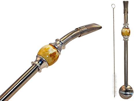 Stainless Steel Yerba Mate Bombilla Metal Straw - Filters Loose Tea, Ground Coffee &amp; Other Drinks - FREE Cleaning Brush (Yellow)