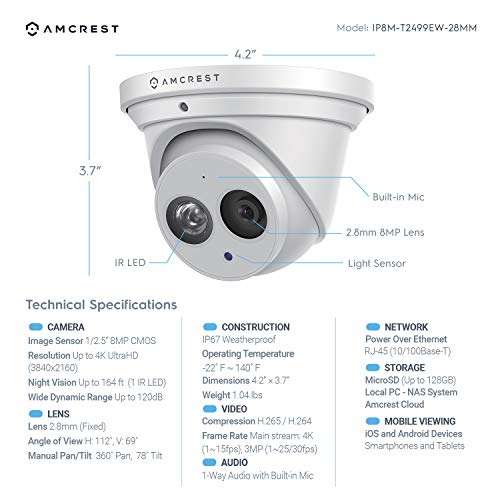 Amcrest-UltraHD-4K-8MP-Outdoor-Security-IP-Turret-PoE-Camera-3840x2160-164ft-NightVision-28mm-Lens-IP67-Weatherproof-MicroSD-Recording-128GB-White-IP8M-T2499EW