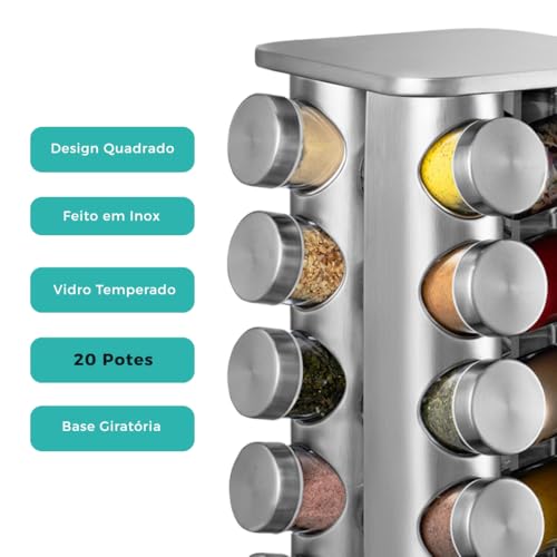 Porta Temperos Giratório 360°, com 20 Potes de Vidro e Aço Inox, Suporte Organizador de Condimentos, Prata
