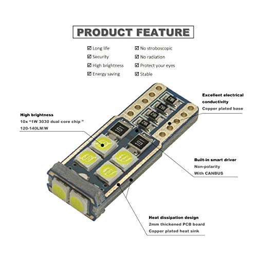 DODOFUN T10 Xenon White Car Interior Exterior Replacement Bulb Map Dome Door Trunk Cargo Tag Number Plate LED Light 168 175 194 2825 W5W Size (Pack of 10) - Thumbnail 3