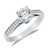 Solid 14k White OR Yellow Gold Milgrain Band with Round Brilliant Cut Solitaire with Round Side Stones Highest Quality CZ Cubic Zirconia Engagement Ring 1.5ct.