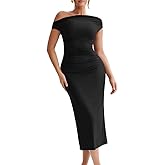 LAGSHIAN Women's Elegant One Shoulder Sleeveless Bodycon Ruched Party Cocktail Formal Midi Dress