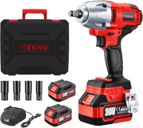 TEENO Impact Wrench, 600Nm Brushless Cordless Impact Wrench 20V, Electric Impact Nutrunner with Two 4.0Ah Batteries, Box with 4Pcs Sockets(2 batteries), Electric Impact Driver for Car Home