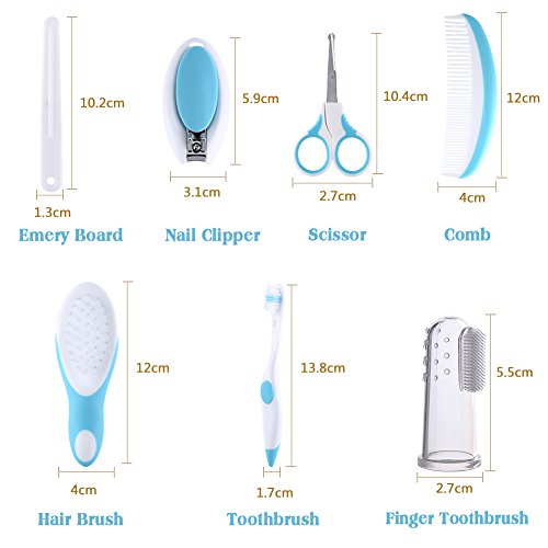 Baby Grooming Kit, 7pcs/Set Safe Hair Comb ToothBrush Nail Clipper Scissors Healthcare Daily Nurse Shower Tool Set with Carry Bag for Unisex Newborn Toddler Infant Girls and Boys Kids (Blue)