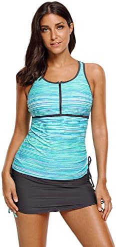 Kei Tomlison Women's Two Piece Zip Front Racerback Tankini Set Striped Mesh Swimsuits with Skirt (Greenish, (US 14-16) XL)