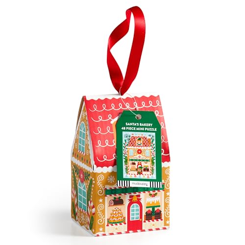 Mudpuppy Santa's Bakery – 48 Piece House Shaped Puzzle Ornament Featuring A Colorful Illustration of A Festive Christmas Bakery