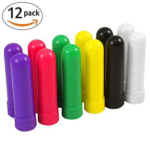 Aromatherapy Essential Oil Empty Blank Nasal Inhaler Tubes, Sinus & Lung Relief, Complete DIY Set Colored Plastic Tube + Cotton Wicks + 12 Writable Labels (12 pack)
