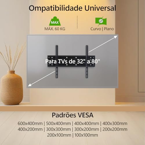 Suporte TV Articulado para 32 a 80 Polegadas | Suporte de TV com Inclinação e Rotação | Até 60kg | VESA 600x400mm | Suporte para TV de Parede Ajustável