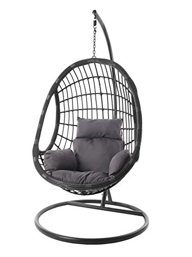 Kideo Komplettset: Grauer Hängesessel mit Gestell & Kissen, Schwingsessel, Poly-Rattan, Loungemöbel, Lounge anthrazit – Bild 4