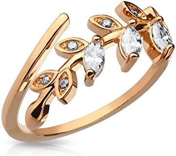 Marquise Cut CZ Set Leaf Adjustable Rhodium Plated Brass Finger Mid-Ring or Toe Ring - Choose Color (Rose Gold)