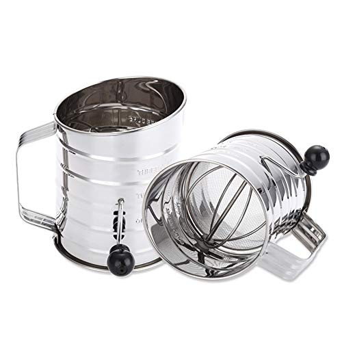 Flour Sifter Hand-Crank,3 Cups Flour Sifter Sieve 4-Wire Agitator Cakes,Pies,Pastries,Cupcakes Sugar Duster Sifter Stainless Steel Home Kitchen Use (Silver)