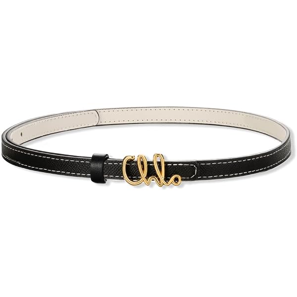 Skinny Leather Belt with Gold Bow Knot Buckle, Black, Dress  display picture 2