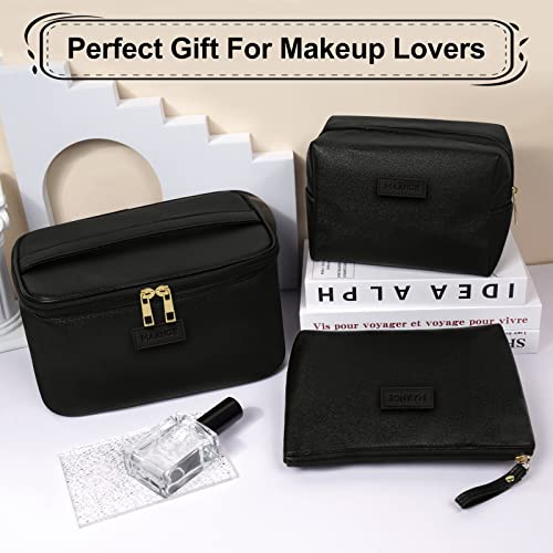 MAANGE Makeup Bag - Large Cosmetic Bag with 2pcs Small Makeup Bags Portable Leather Travel Makeup Bag Set Toiletry Bag Make Up Bags for Women and Girls, Black, 10.3''*7.1''*4.8'', Makeup Bag Set