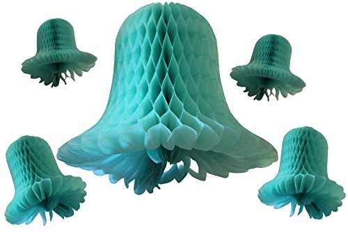 Hanging Tissue Paper Bells, Set of 5, Aqua (15 inch, 7 inch, 5 inch)