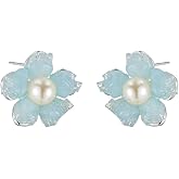 Kokoma Light Blue Crystal Flower Pearl Stud Earrings for Women, Sterling Silver Pins Floral Earrings Statement Wedding Studs Fashion Ear Jewelry