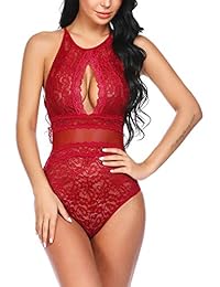 Teddy Lingerie for Women Deep V Halter One Piece Babydoll Lace Bodysuit Romper
