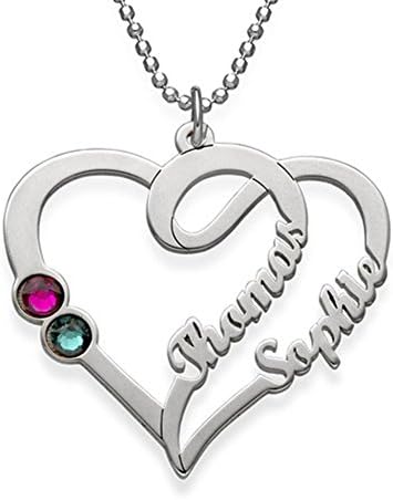 Grancey Personalized Birthstone Heart Necklace with Engraving Two Names—Double Heart Pendant Necklace for Couple Twins Girlfriend Bestie
