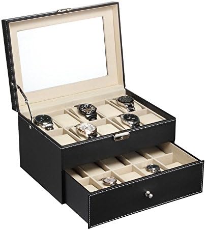 Father's Day Gift | Elegant 20-Slots Dual Layers Watch Box Case Organizer Display Storage Tray for Men & Women with Clear Glass Top