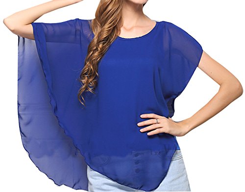 Shawhuaa Womens Batwing Sleeve Irregular Hem Chiffon Blouse T-Shirt Tops X-Large Royal Blue