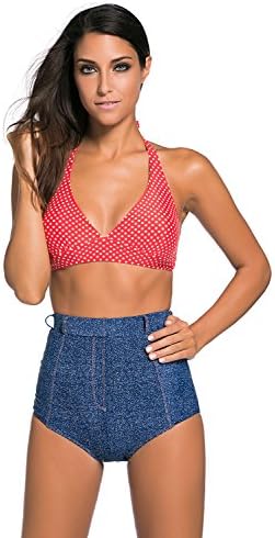 Mrs Spicy 2 Colors Faux Denim High Rise Bottom Swimwear Polka Dot Blue Denim High Waisted Swimsuit Vintage Red X-Large