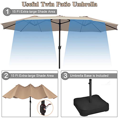 Tangkula 15 Ft Patio Double Sided Umbrella with Base, Outdoor Extra Large Market Umbrella with