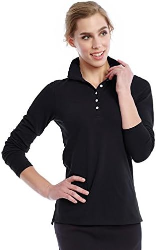 Women's Cotton Polo Shirt, Ladies Long Sleeves Top Collar T-Shirt, By Donatella (Large, Black)