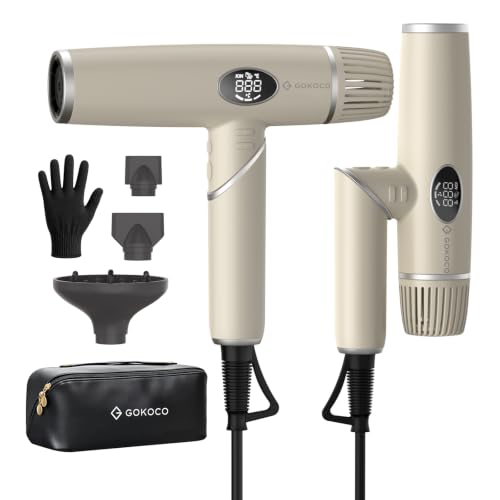 GOKOCO Secador de Cabelo Dobrável de Alta Velocidade,Bivolt,GD045 Motor Brushless 110.000 RPM,Íons Negativos,4 Temperaturas,3 Velocidades,com Difusor e Bicos Modeladores para Viagem,Ouro