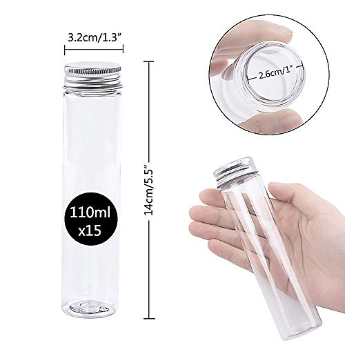 JPSOR 15pcs 110ml Clear Flat Plastic Test Tubes with Screw Caps, 140 x 35 mm, and 1 Test Tube Brush