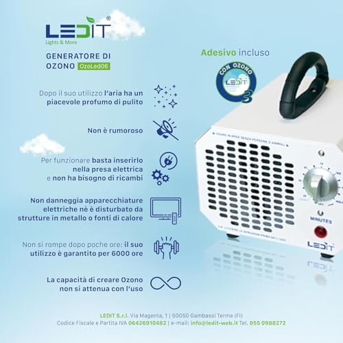 New Ledit Ozone Generator 10000mgh – CE Certified + CNR Certificate – Ozonizer Designed in Italy with Timer 120 Min Professional and Commercial Use, Instruction Manual in Italian Included