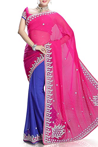 VinHem Fashion Exclusive Indian Ethnic Wear Designer Pink Half Half Saree with Stone Work, Pearl Work